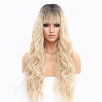 Gewellte Blonde Perücke mit Pony – Lang, Ombre Blond & Schwarz