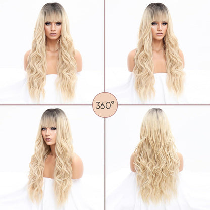 Gewellte Blonde Perücke mit Pony – Lang, Ombre Blond & Schwarz