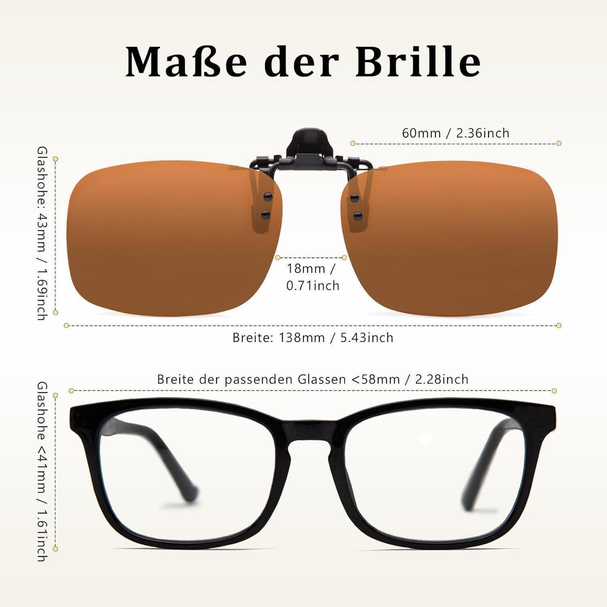 Clip-On Sonnenbrille polarisiert UV400 Braun 60mm