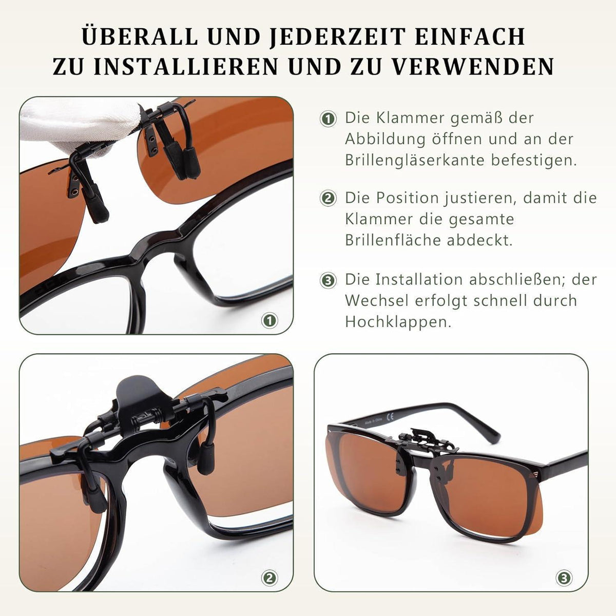 Clip-On Sonnenbrille polarisiert UV400 Braun 60mm