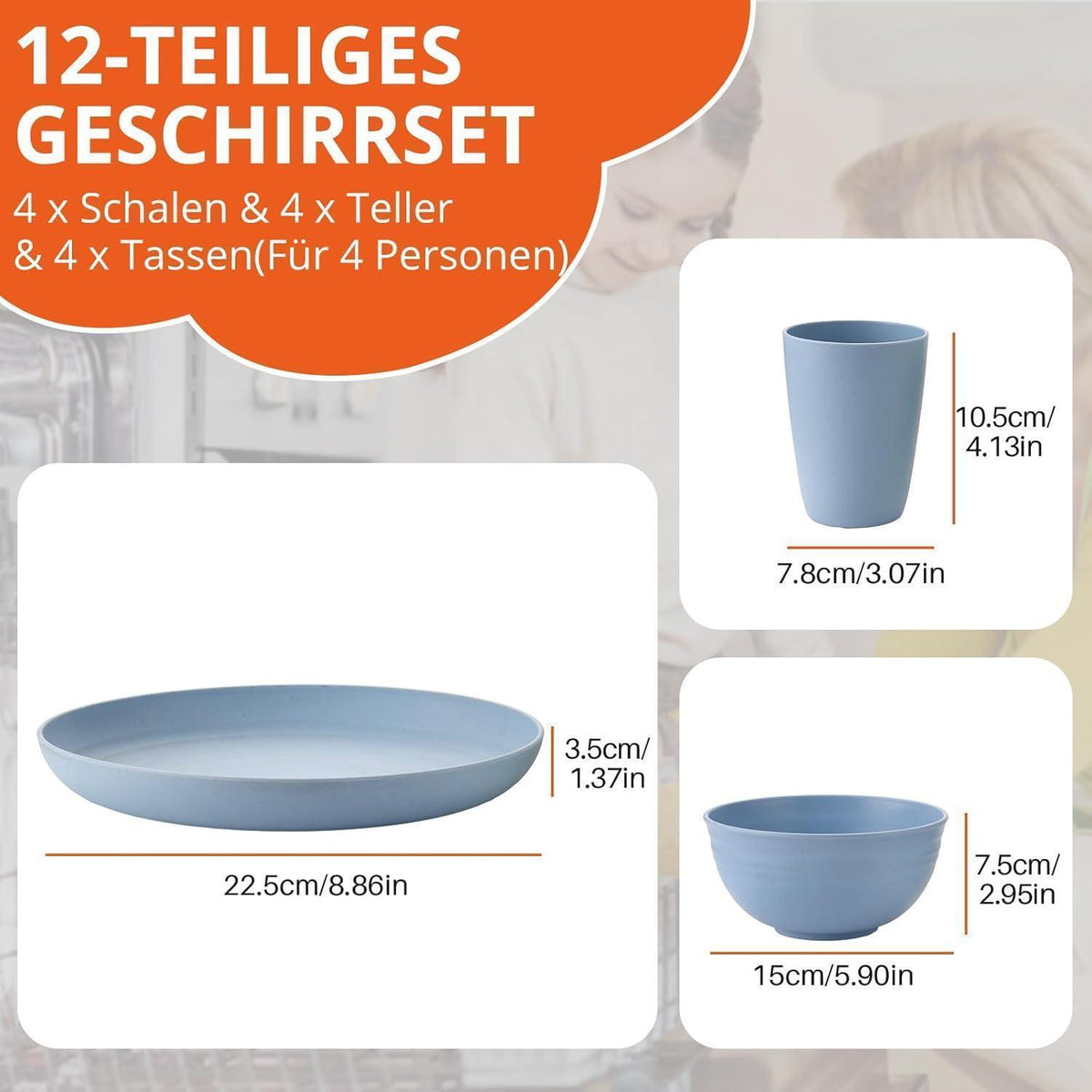 12-teiliges Camping Geschirr Set für 4 Personen, Blau