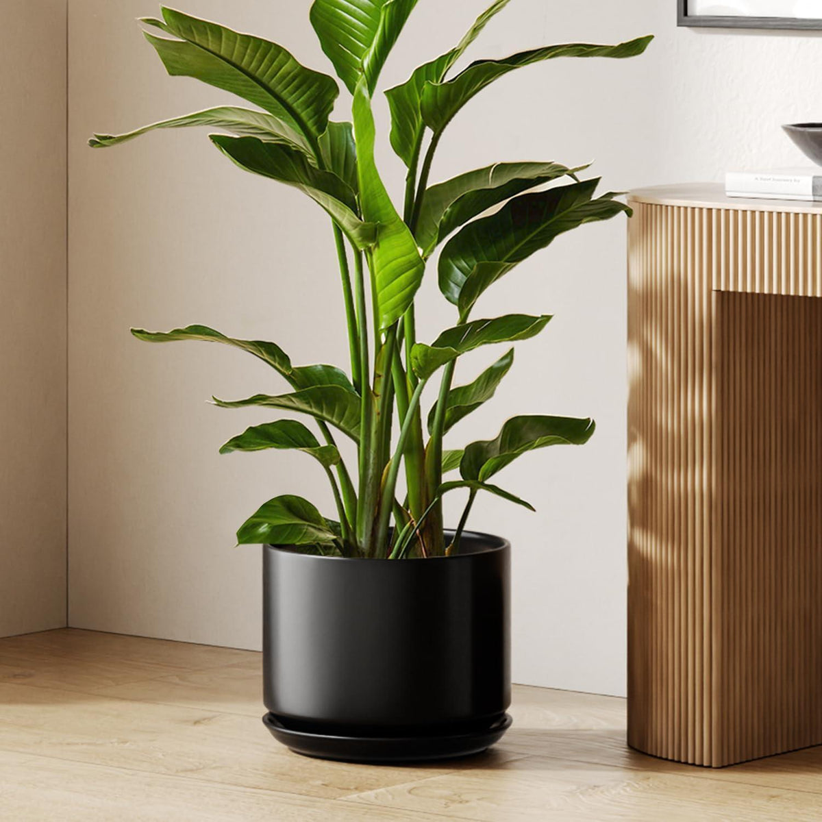 Keramik Blumentopf Groß 30cm mit Untersetzer & Abflussloch Schwarz