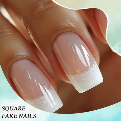 24er Set French Press On Nails mit Glitzer - Quadratische Kunstnägel