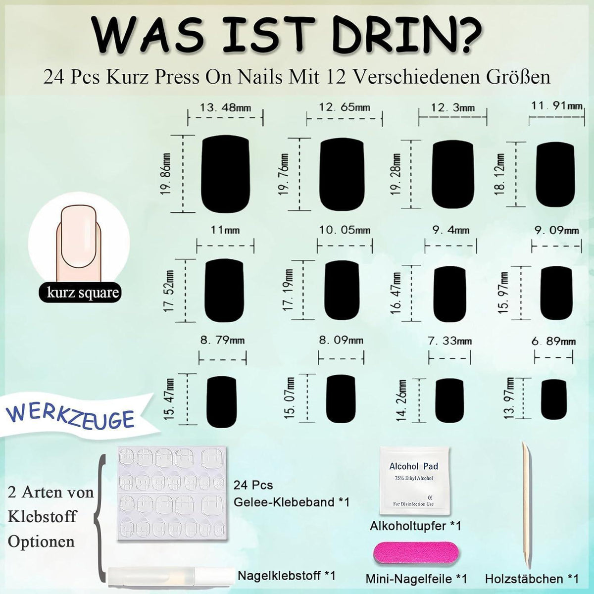 24er Set French Press On Nails mit Glitzer - Quadratische Kunstnägel