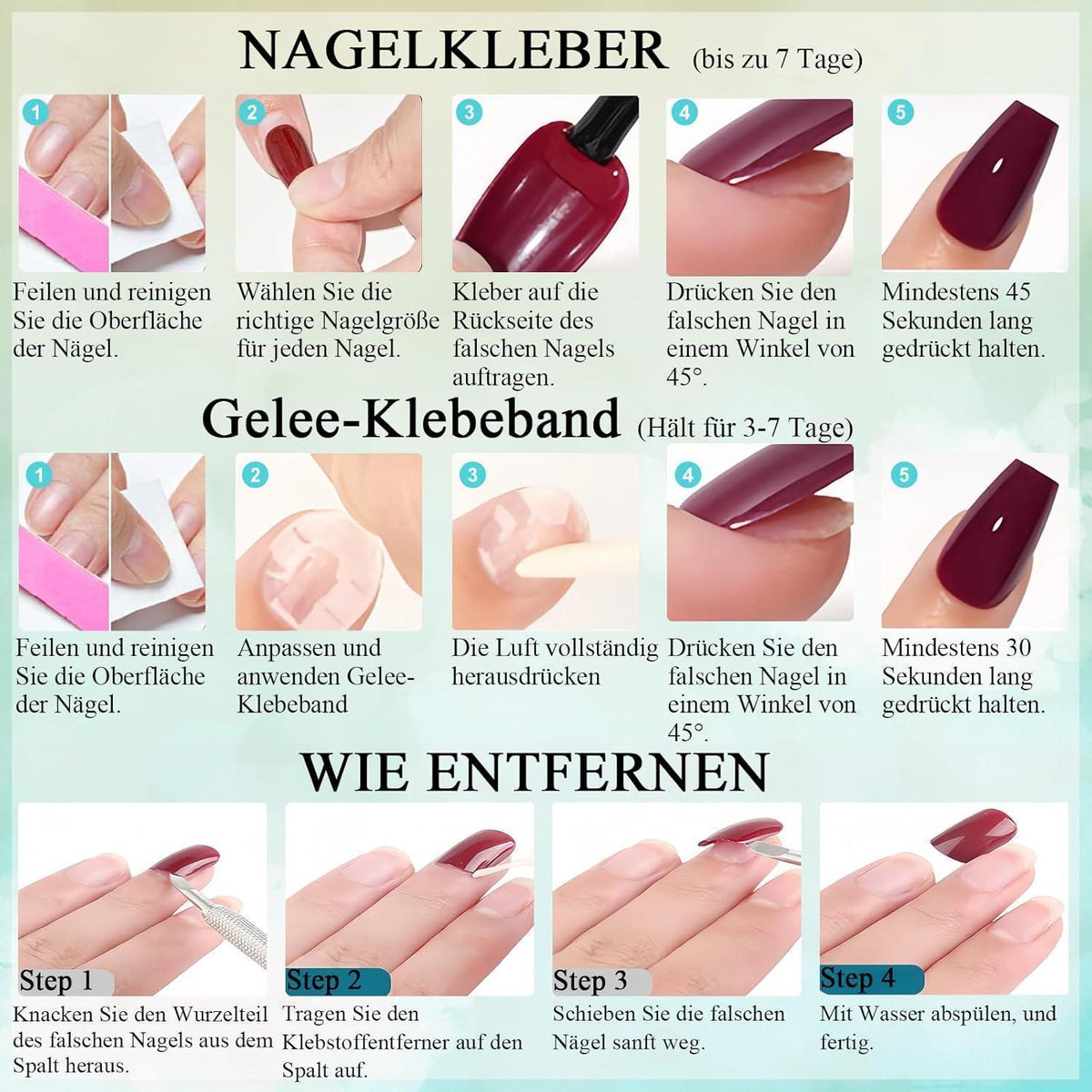 24er Set French Press On Nails mit Glitzer - Quadratische Kunstnägel