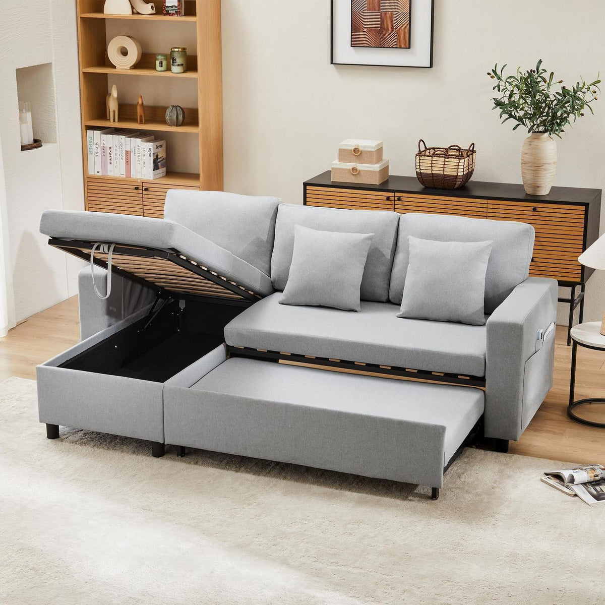 Schlafsofa mit Stauraum & Chaiselongue – Hellgrau