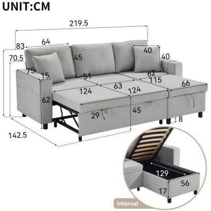 Schlafsofa mit Stauraum & Chaiselongue – Hellgrau