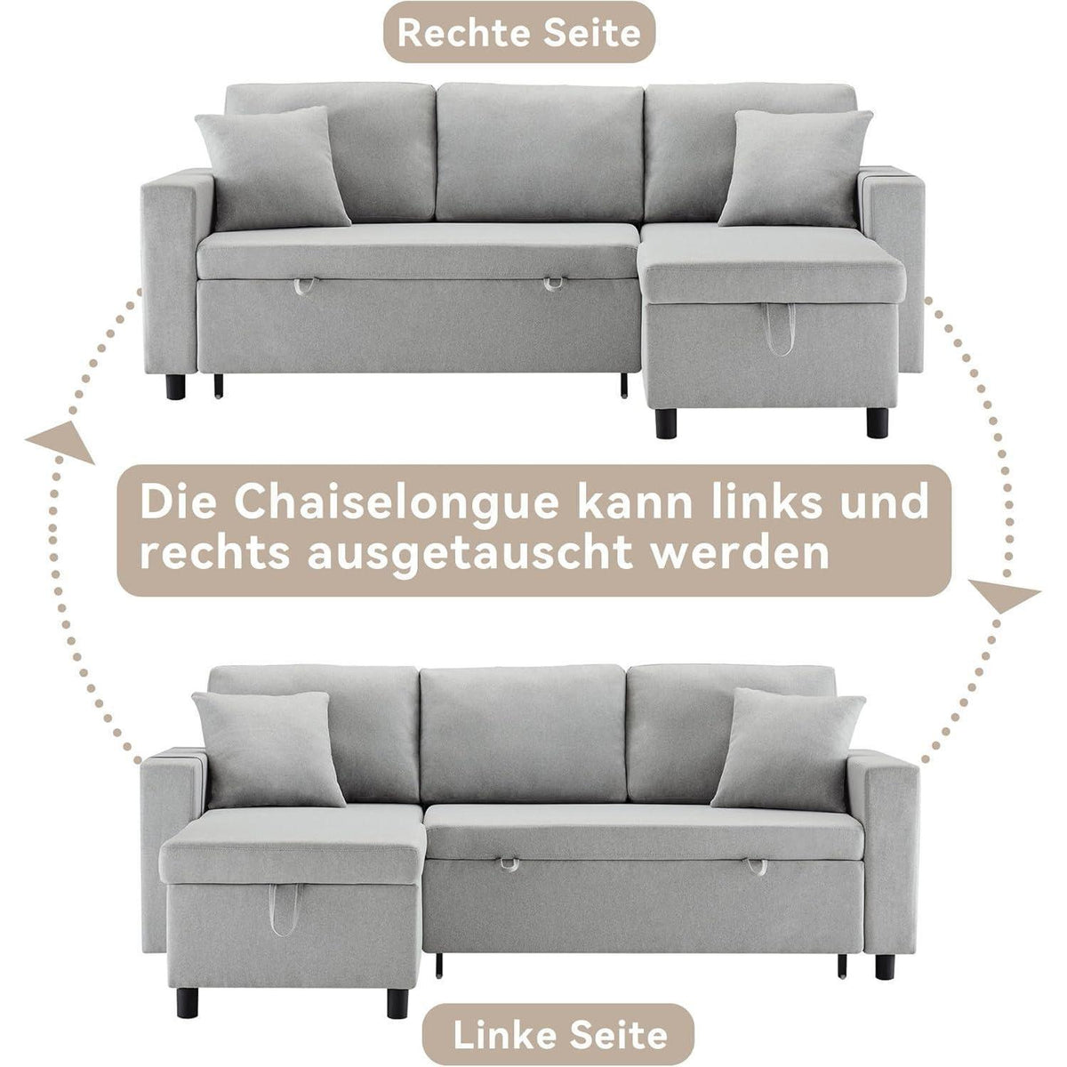 Schlafsofa mit Stauraum & Chaiselongue – Hellgrau