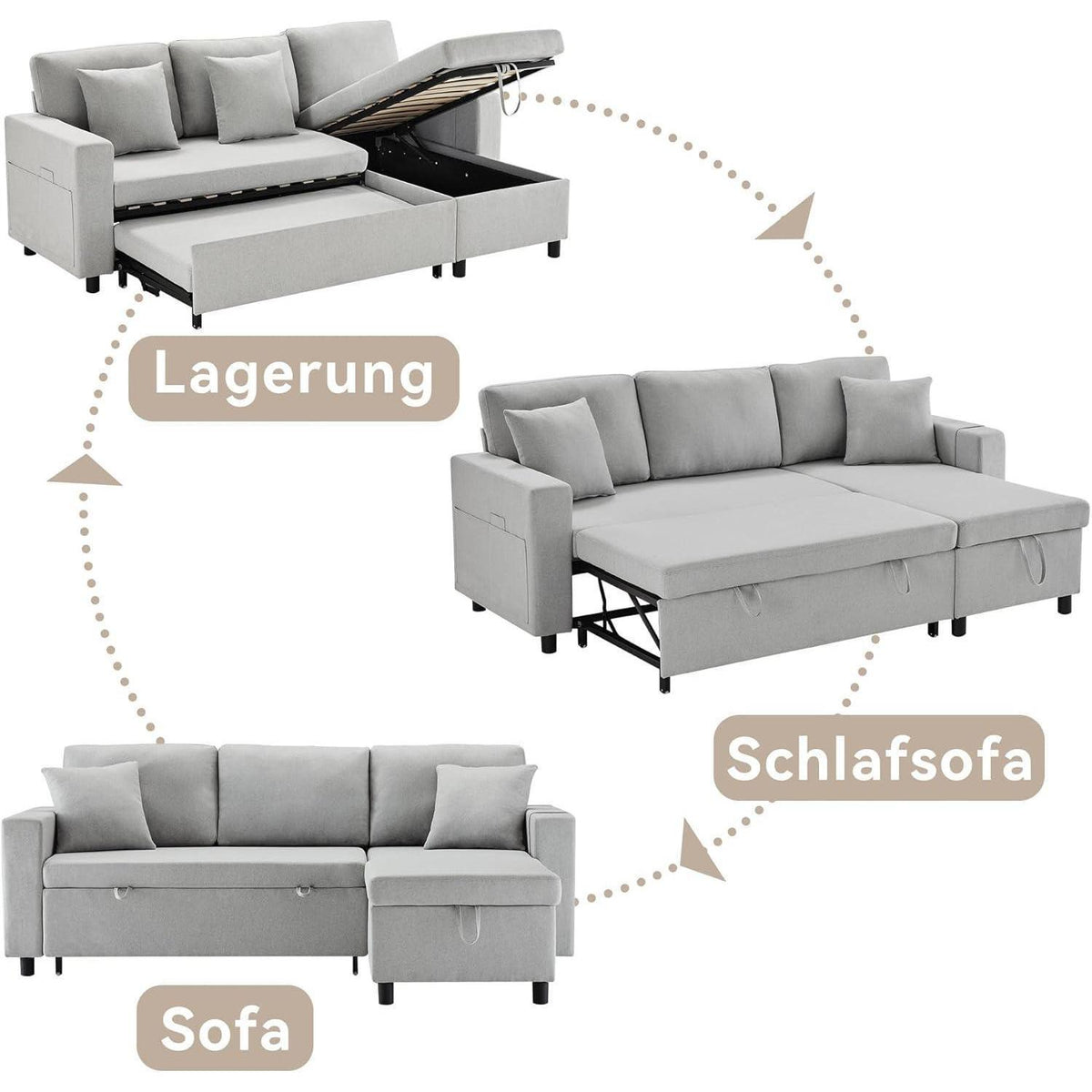 Schlafsofa mit Stauraum & Chaiselongue – Hellgrau