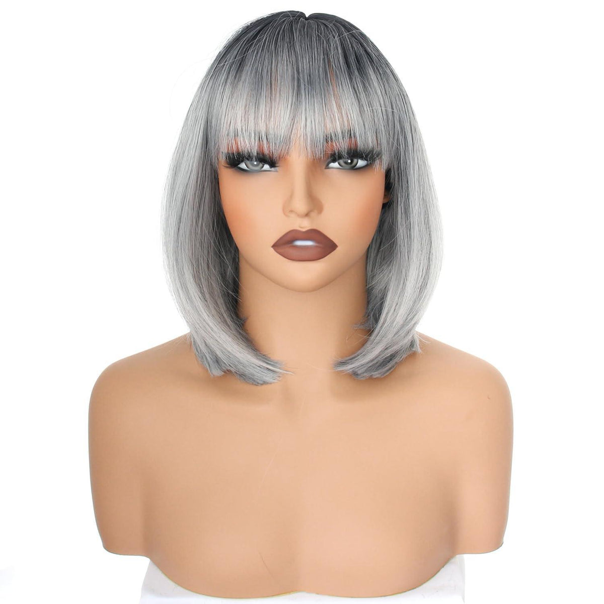 Kurze Bob Grau Perücke Gerade Pony Synthetisch 30cm