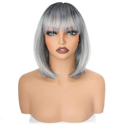 Kurze Bob Grau Perücke Gerade Pony Synthetisch 30cm