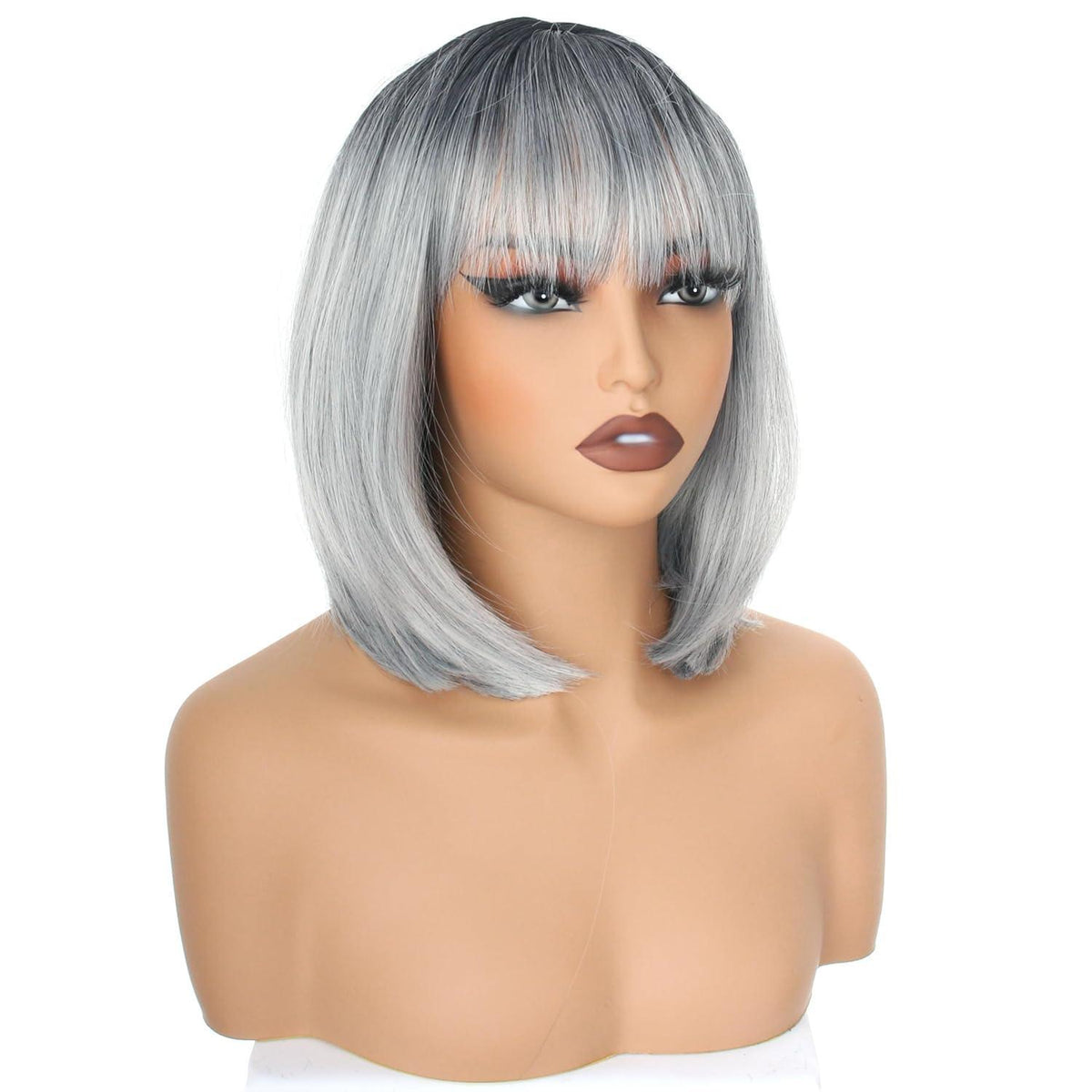 Kurze Bob Grau Perücke Gerade Pony Synthetisch 30cm