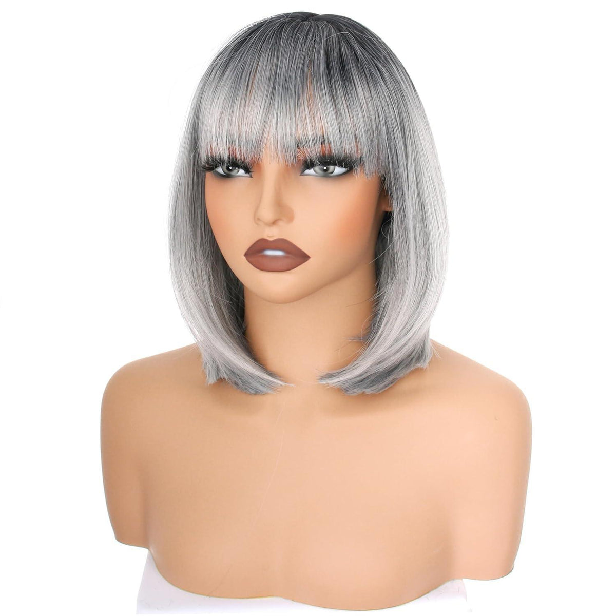 Kurze Bob Grau Perücke Gerade Pony Synthetisch 30cm