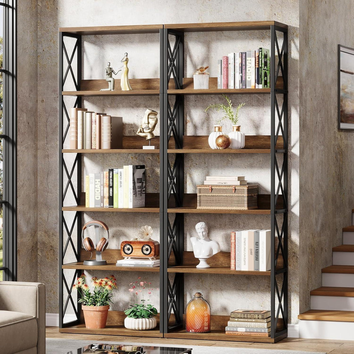 Industrie Bücherregal 6-stöckig, 178cm hoch, Braun & Schwarz