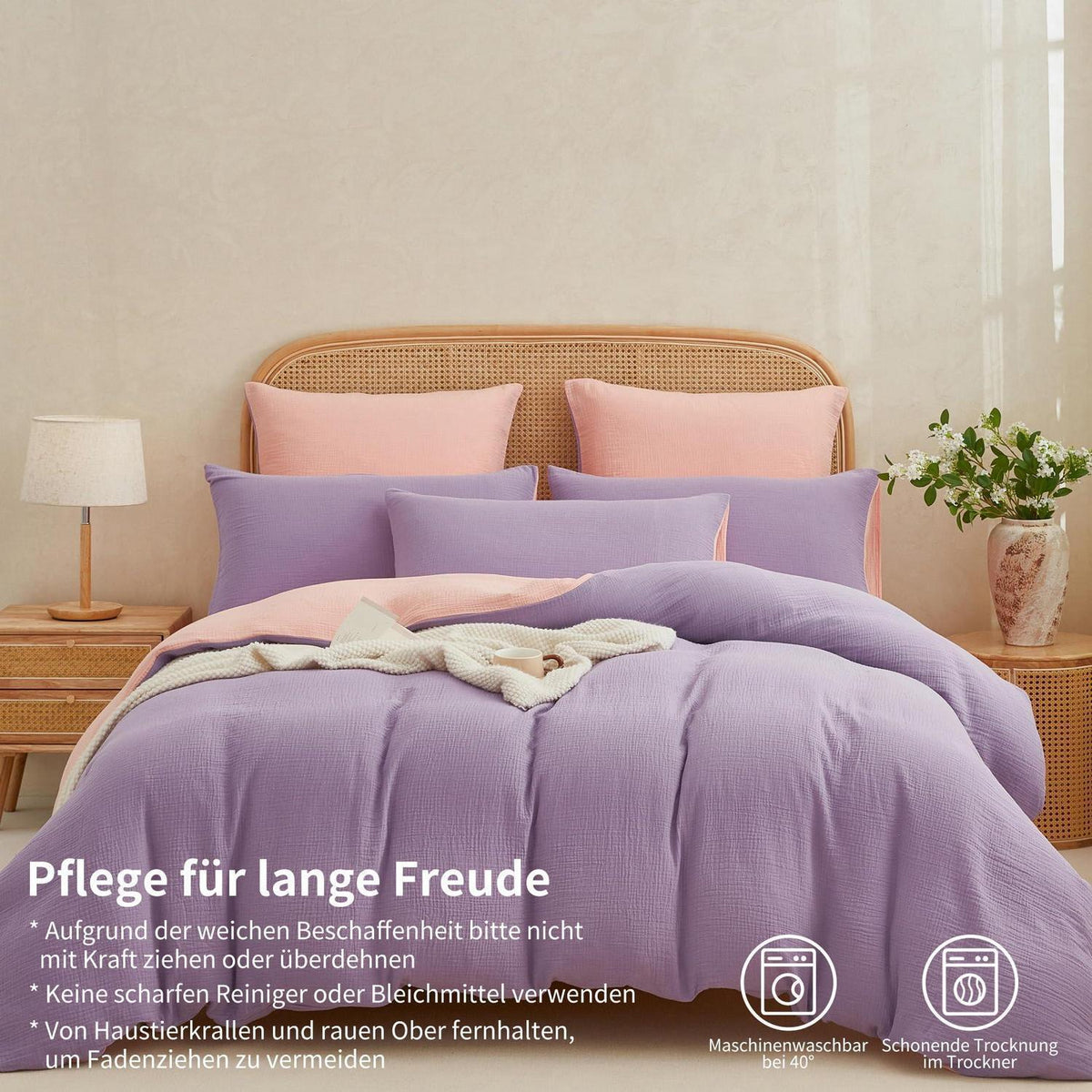 Doppelte Muslin Bettwäsche Lila Rosa 220x240 - 3-teilig