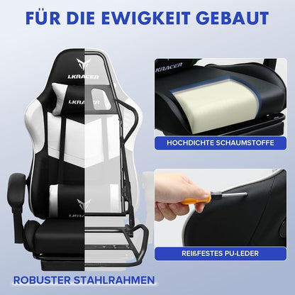 Gaming Stuhl mit Fußstütze, ergonomisch, weiß