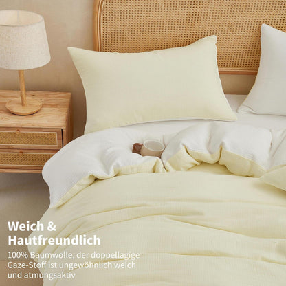 Doppelte Muslin Bettwäsche 200x200 Hellbeige Weiß – 3-teilig