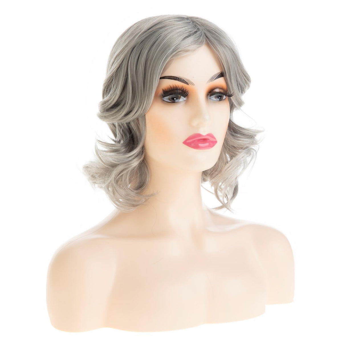 Graue Damen Perücke Kurz Welle Lockig Synthetisch Halloween Cosplay
