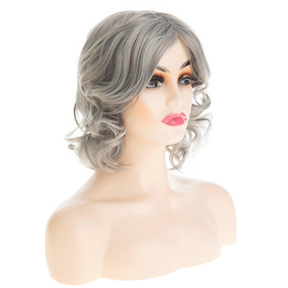 Graue Damen Perücke Kurz Welle Lockig Synthetisch Halloween Cosplay