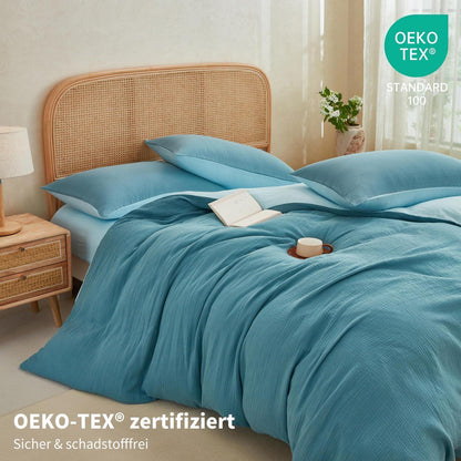 Doppelte Muslin Bettwäsche 220x240 Petrol Blau – 3-teilig