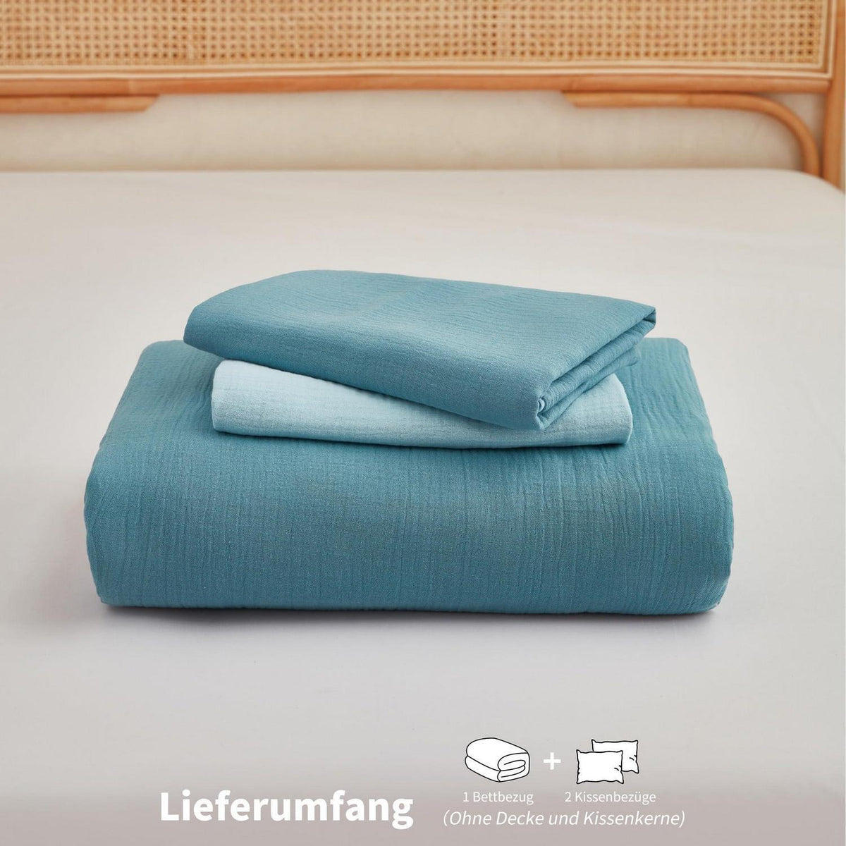 Doppelte Muslin Bettwäsche 220x240 Petrol Blau – 3-teilig