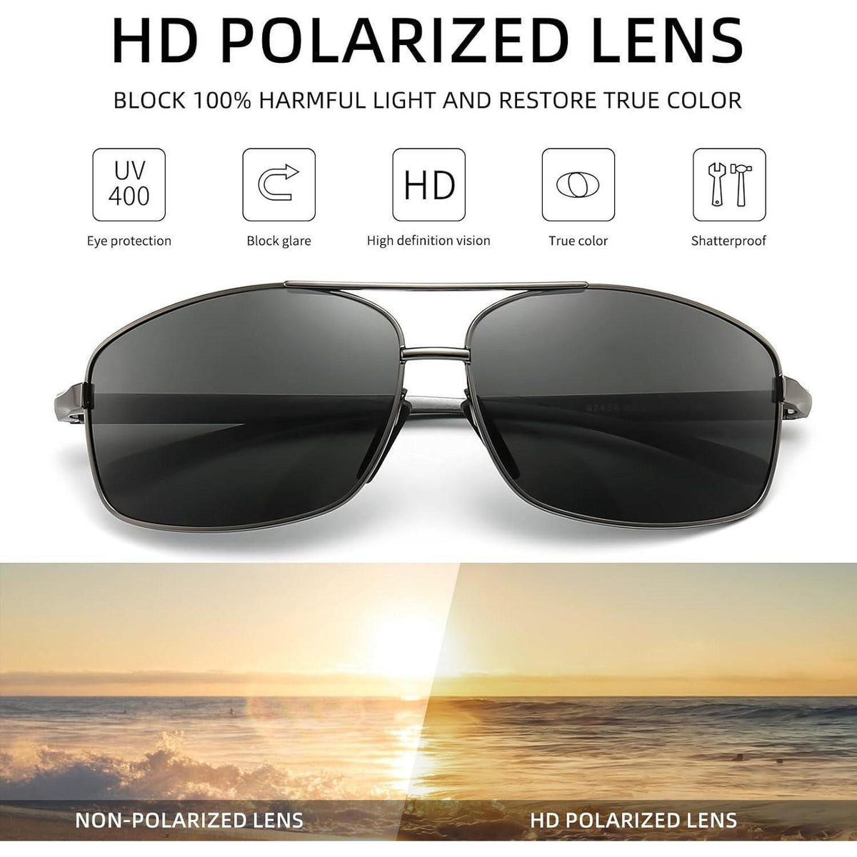 Herren Sonnenbrille Rechteckig Polarisert UV400 Metallrahmen Grau