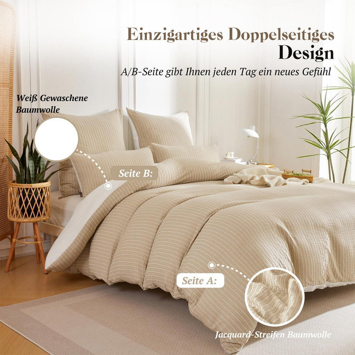 Bettwäsche-Set 135x200 Baumwolle Jacquard Hellkhaki 4tlg.