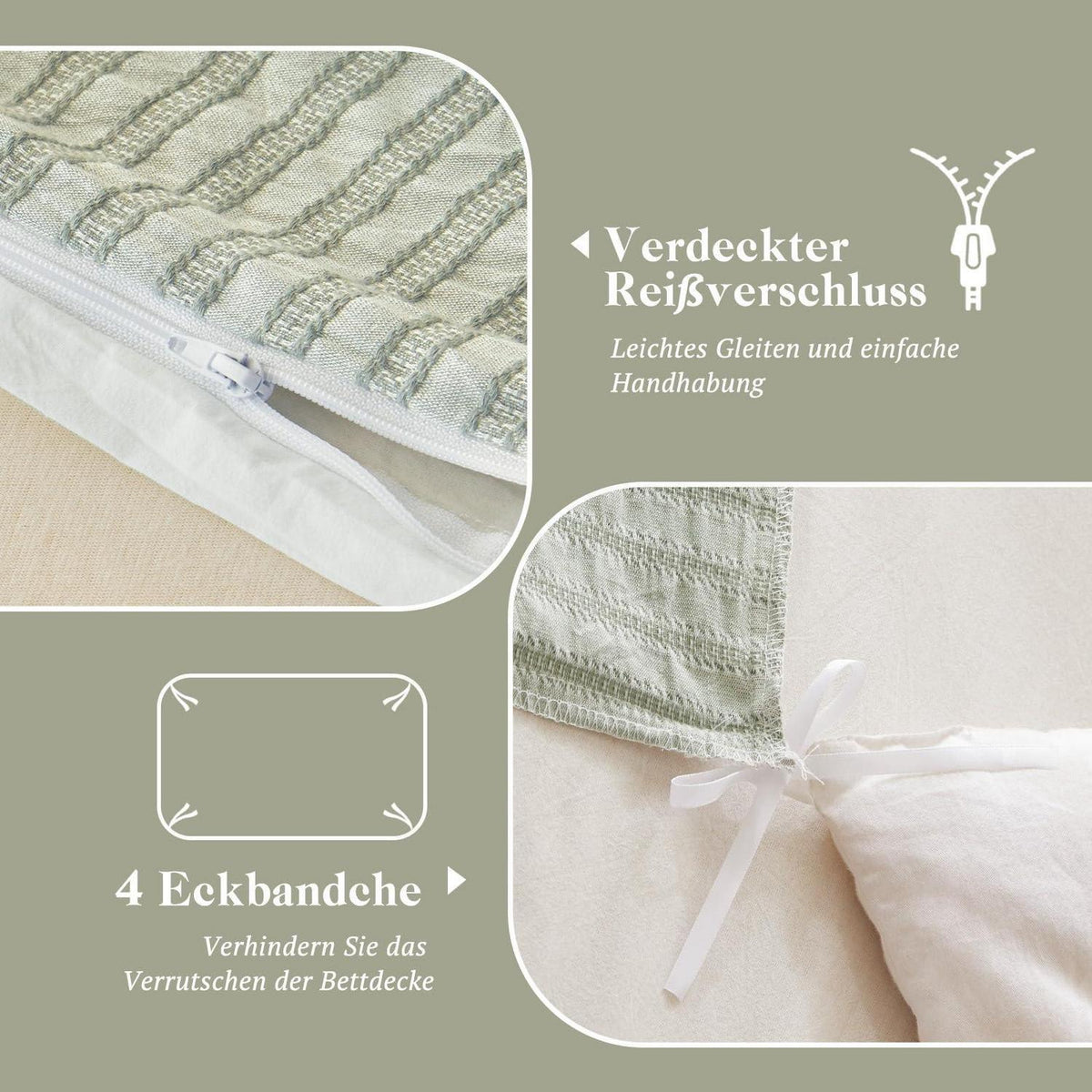 Bettwäsche-Set 135x200 Baumwolle Salbeigrün 4tlg. Jacquard & Stone Wash