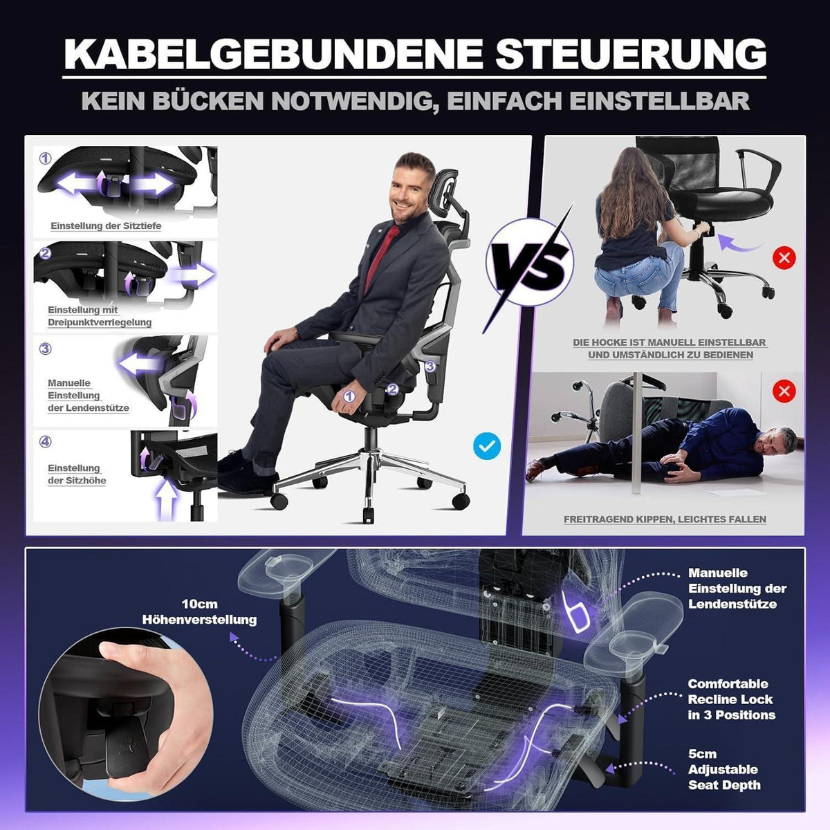 Ergonomischer Bürostuhl 200kg mit 4D Armlehnen & Netzrücken
