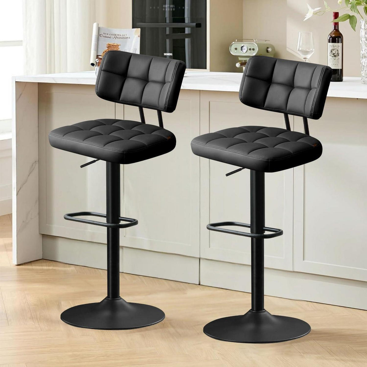 Barhocker Set 2er – Höhenverstellbar, Schwarz in Lederoptik