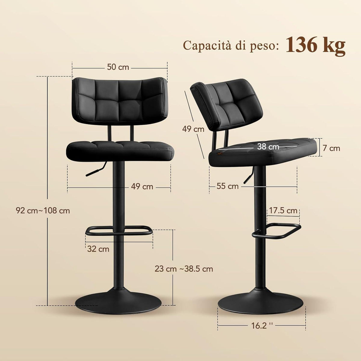Barhocker Set 2er – Höhenverstellbar, Schwarz in Lederoptik