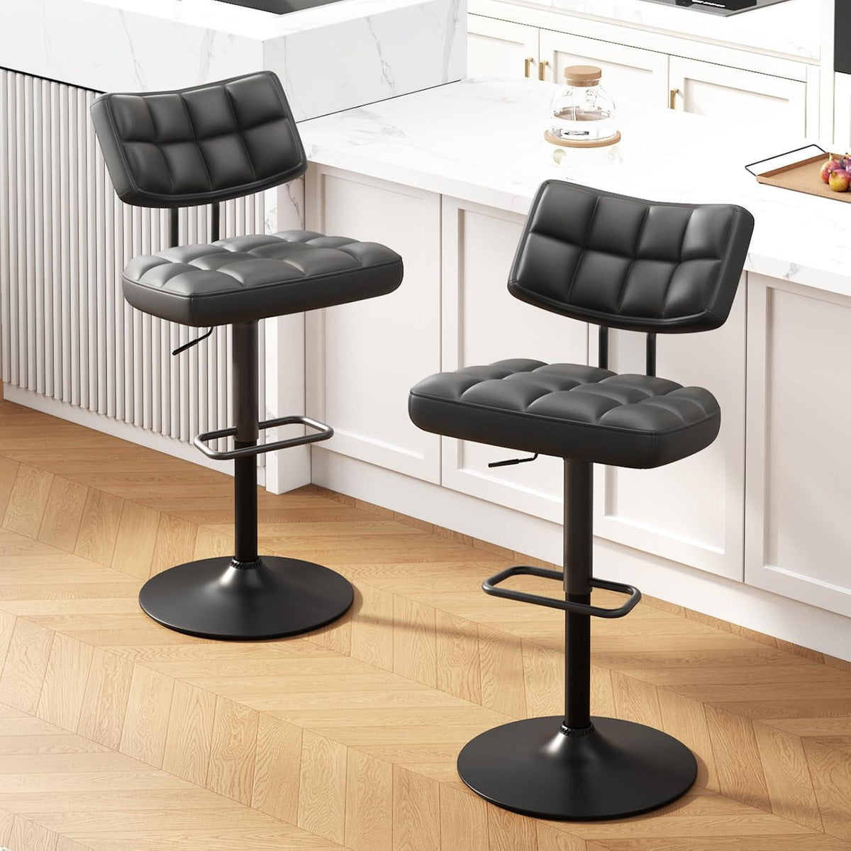 Barhocker Set 2er – Höhenverstellbar, Schwarz in Lederoptik