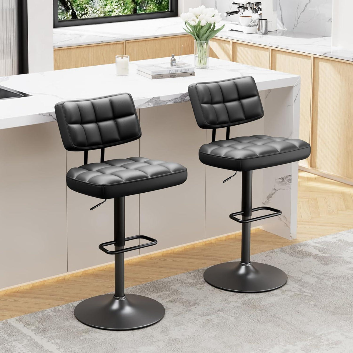 Barhocker Set 2er – Höhenverstellbar, Schwarz in Lederoptik