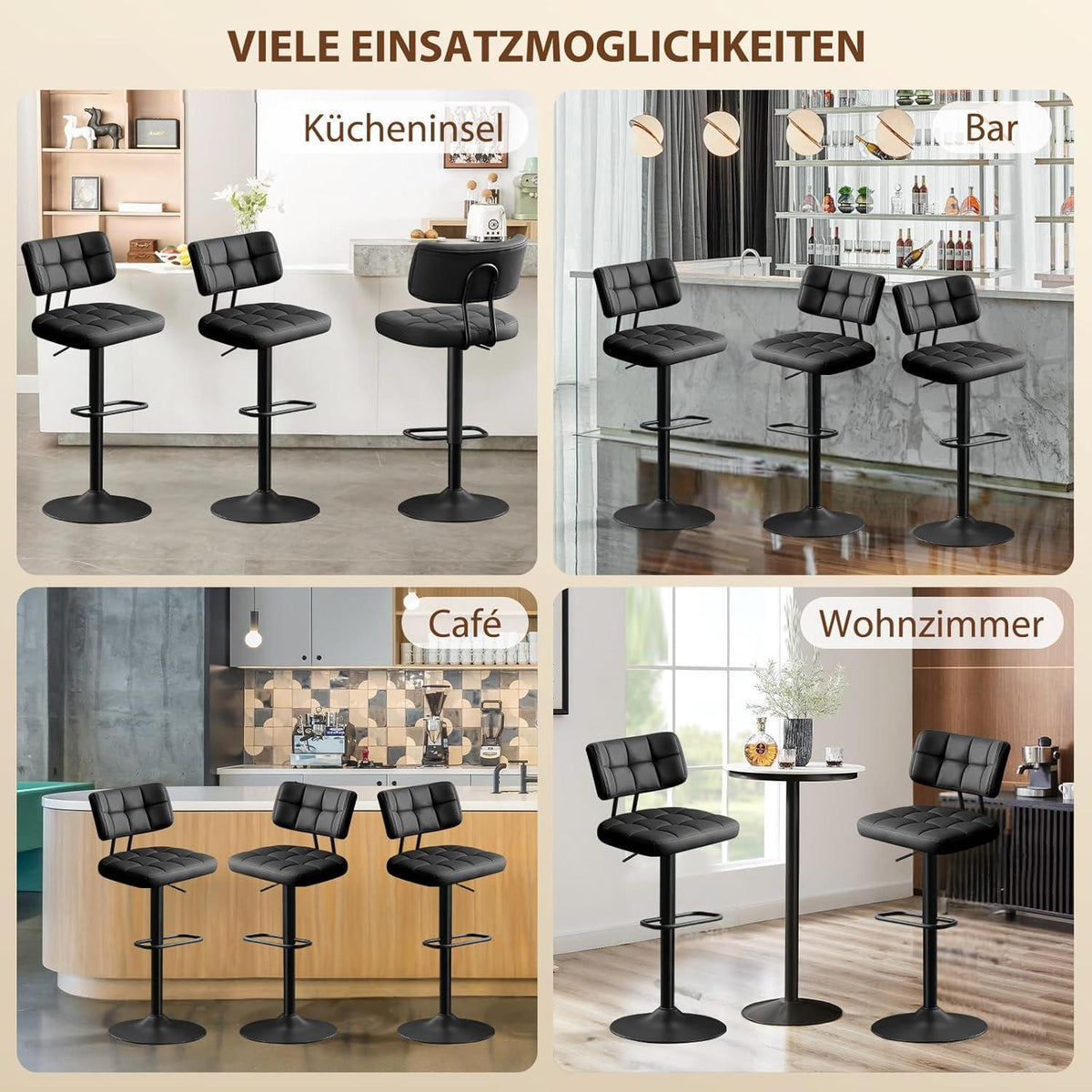 Barhocker Set 2er – Höhenverstellbar, Schwarz in Lederoptik