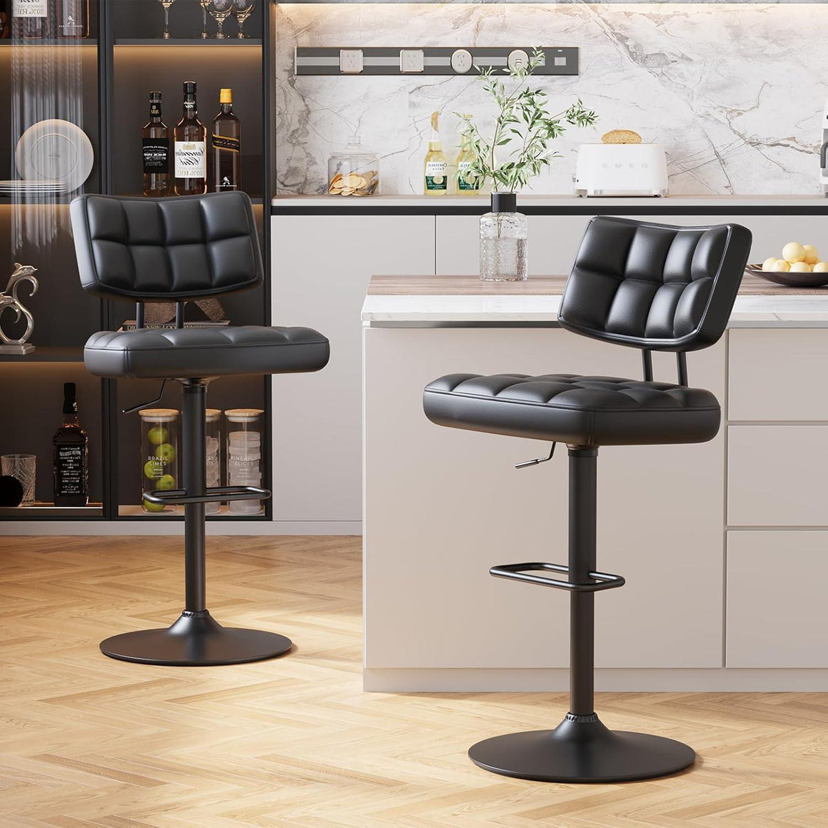 Barhocker Set 2er – Höhenverstellbar, Schwarz in Lederoptik