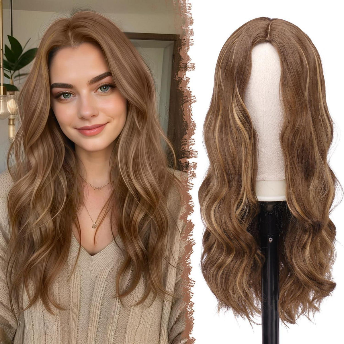 Lange lockige Braun-Blond Perücke 60cm – Natürliche Damen Perücke