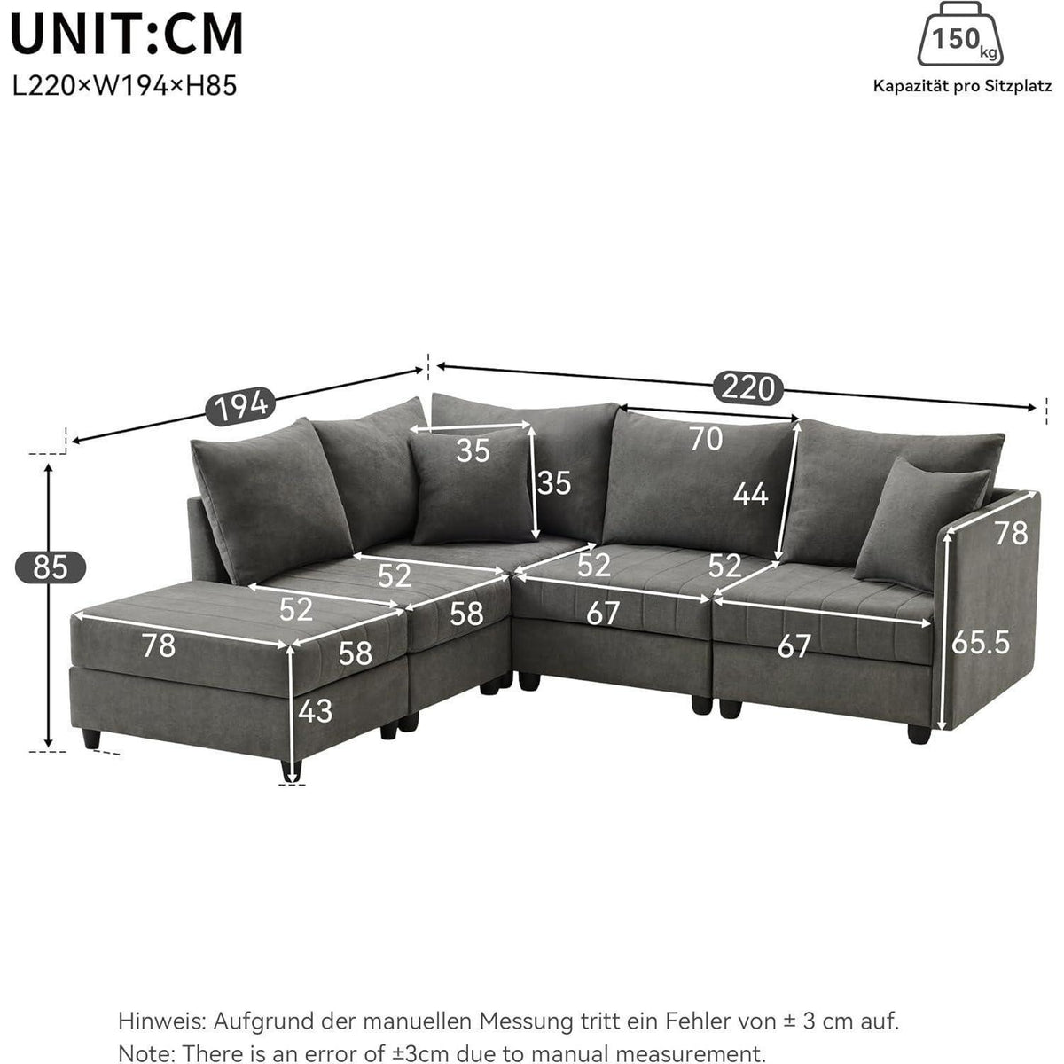 Modernes Ecksofa Zyloyal10 – 5-Sitzer, Modular, Grau