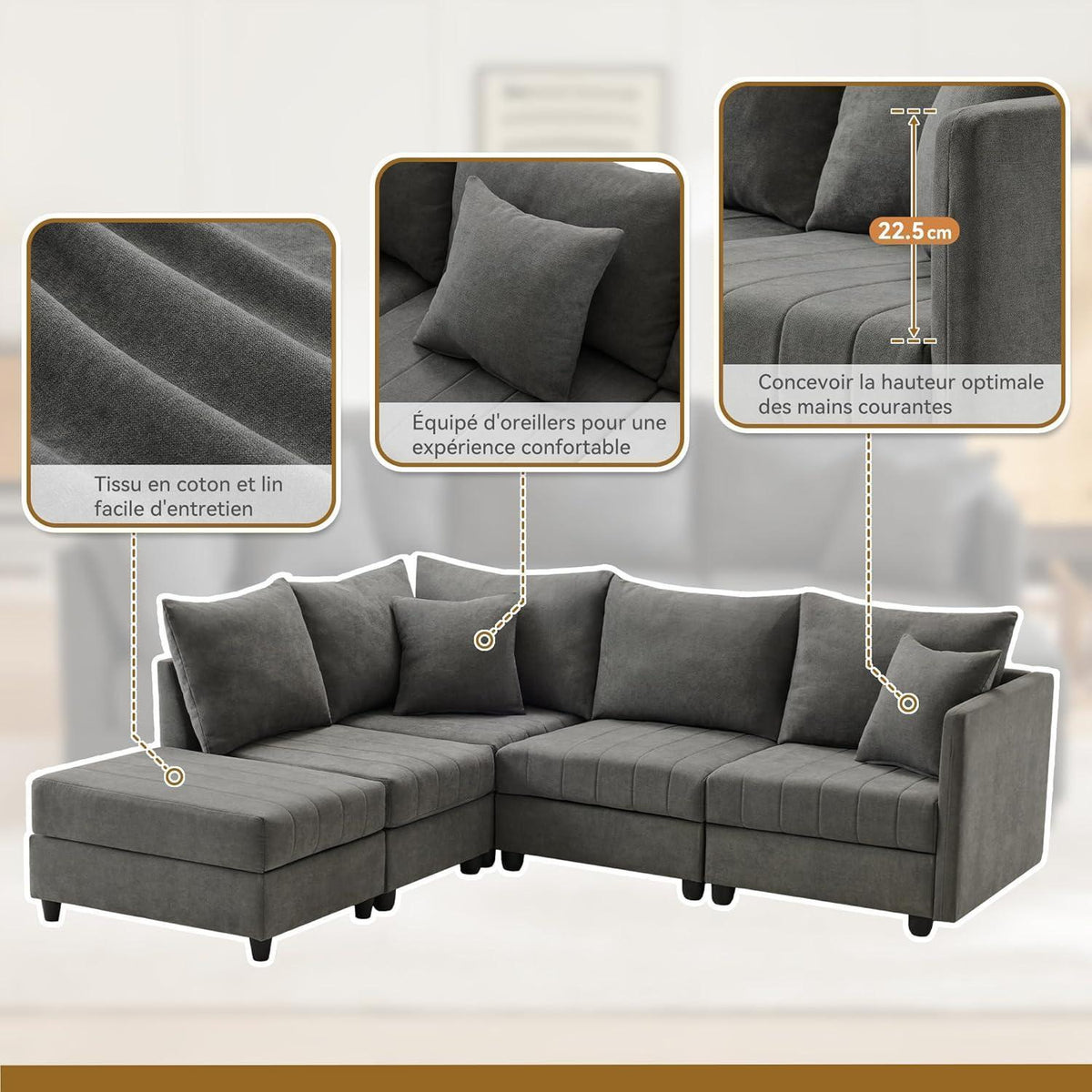 Modernes Ecksofa Zyloyal10 – 5-Sitzer, Modular, Grau