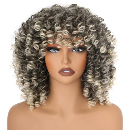Lockige Afro Perücke Dunkelbraun Blond mit Pony – Schulterlang