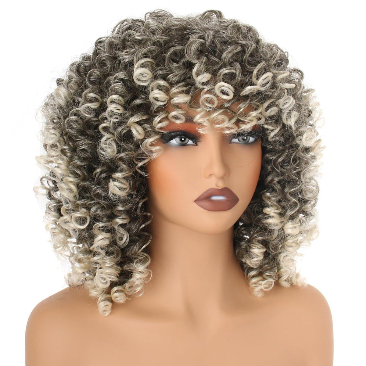 Lockige Afro Perücke Dunkelbraun Blond mit Pony – Schulterlang
