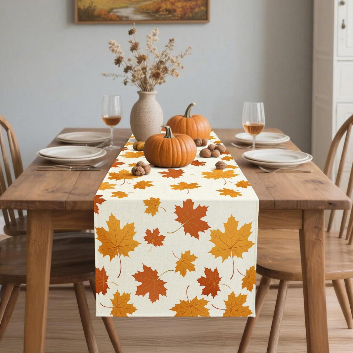 Herbst Tischläufer 40x140cm – Orange Leinen Ahornblatt Design