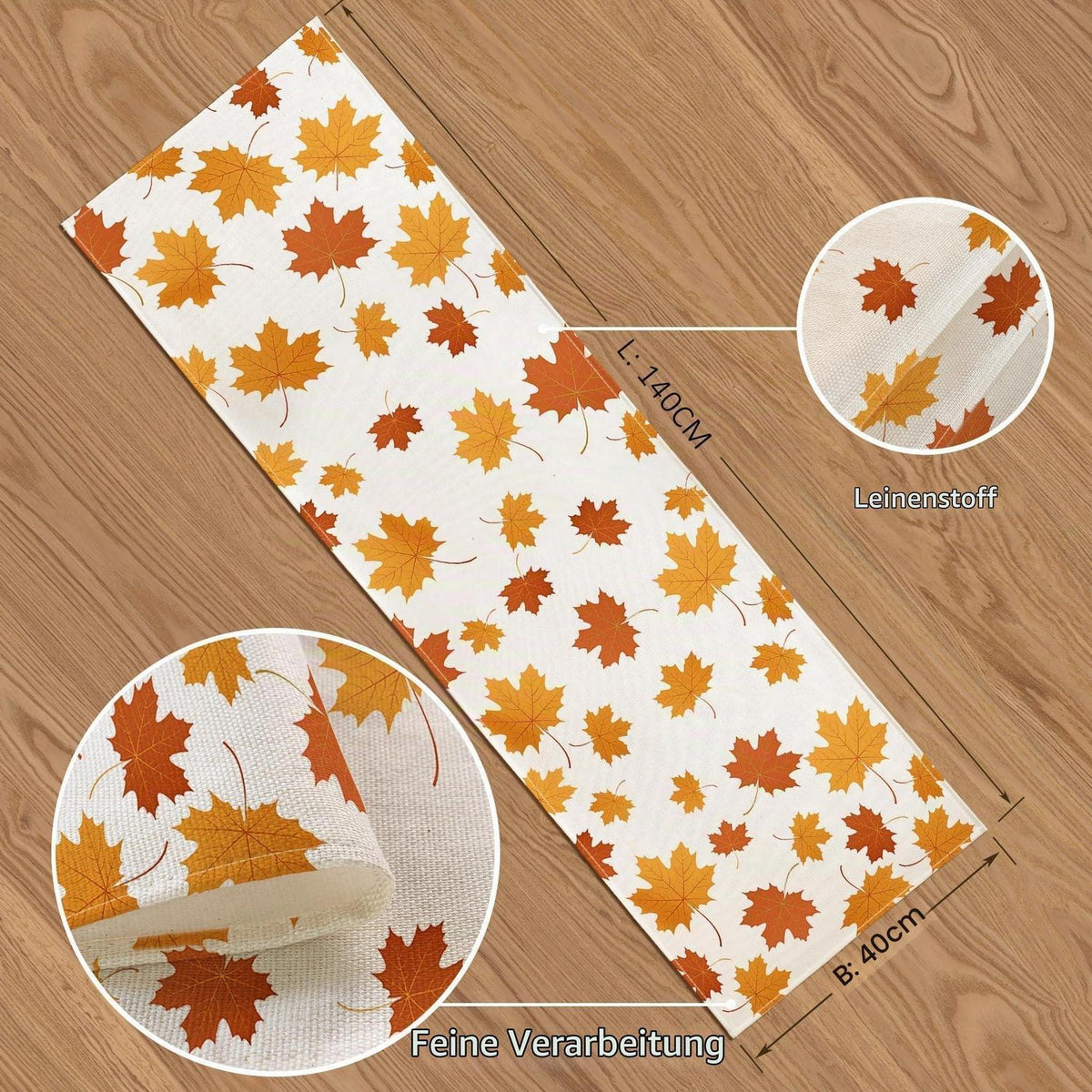 Herbst Tischläufer 40x140cm – Orange Leinen Ahornblatt Design