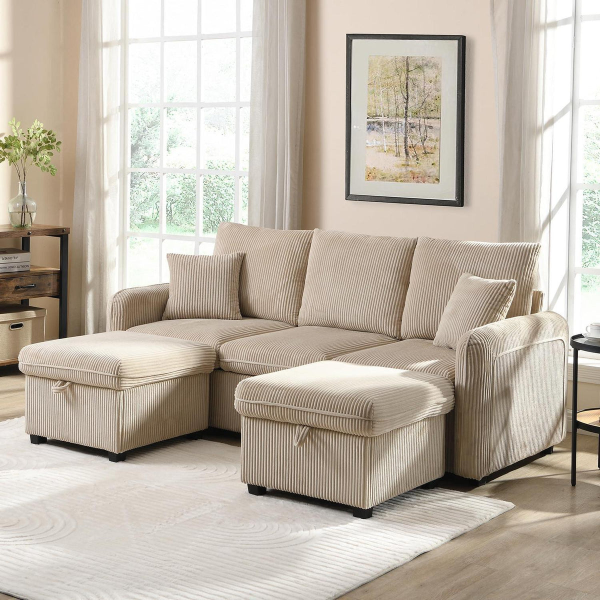 Multifunktionales Ecksofa mit Stauraum & Schlaffunktion (Beige)