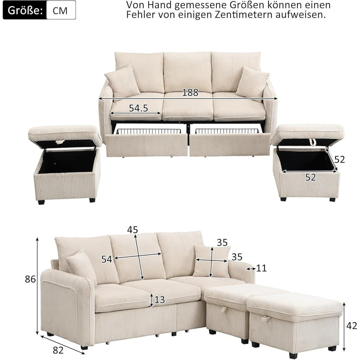 Multifunktionales Ecksofa mit Stauraum & Schlaffunktion (Beige)