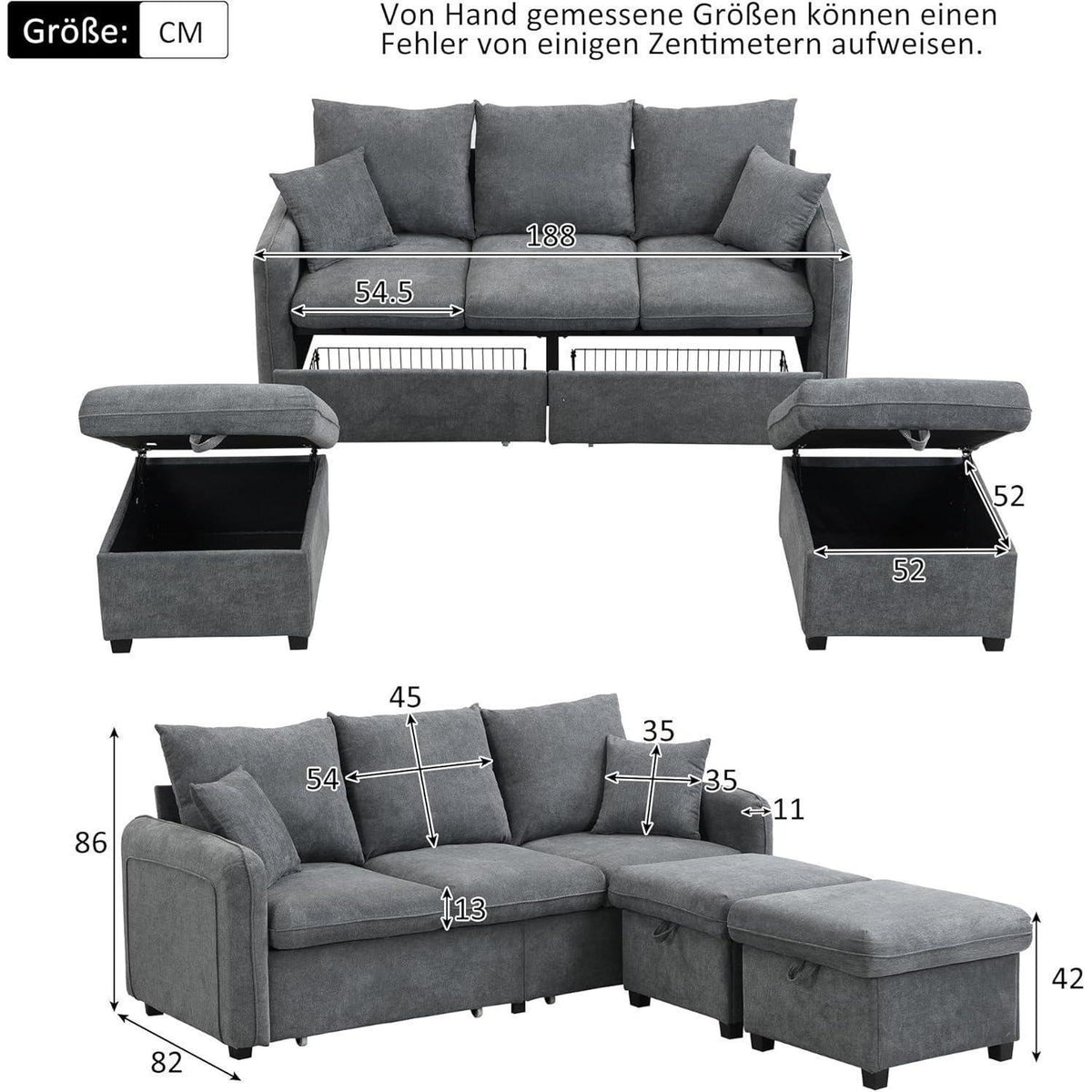 Multifunktionales Ecksofa mit Stauraum & Schlaffunktion – Dunkelgrau