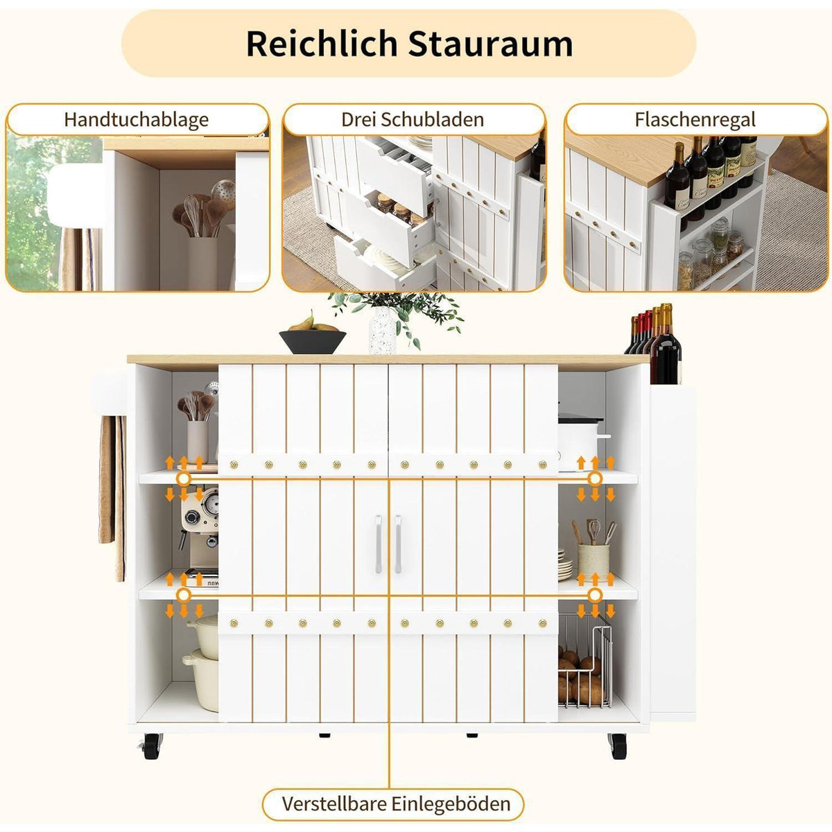 Kücheninsel mit ausziehbarer Arbeitsplatte & Stauraum Weiß
