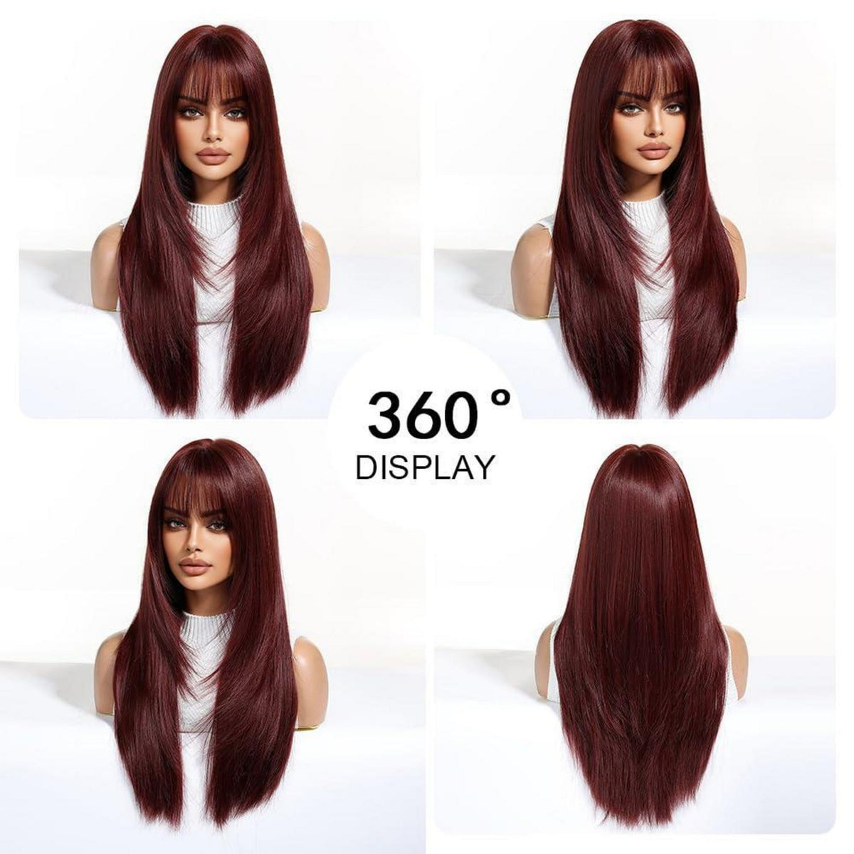 Weinrote Lange Perücke mit Pony Synthetisches Haar Hitzebeständig