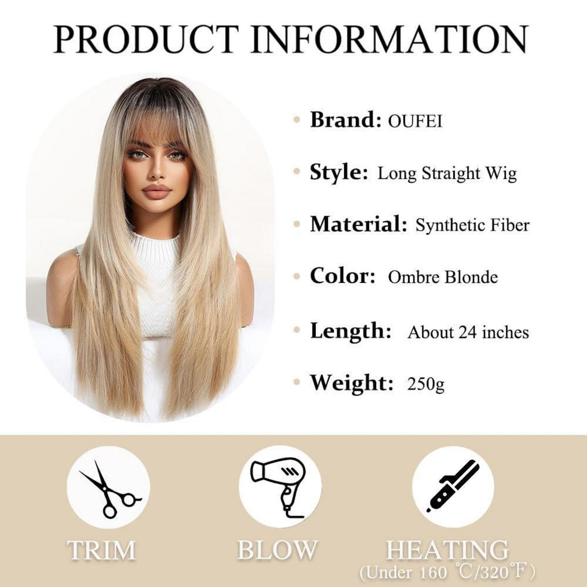 Ombre Blonde Perücke mit Pony, lange synthetische Haare