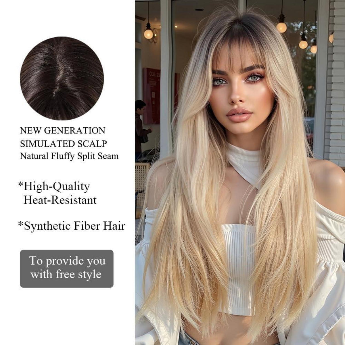 Ombre Blonde Perücke mit Pony, lange synthetische Haare