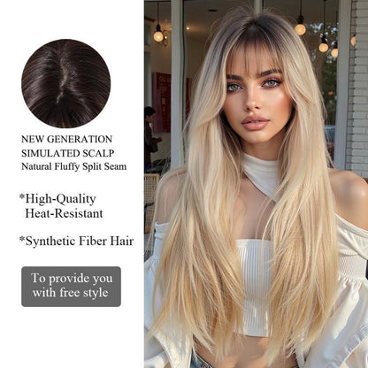 Ombre Blonde Perücke mit Pony, lange synthetische Haare